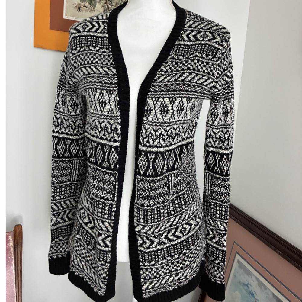 Merona Cardigan Women XS Black White Excellent Geometric Fair Isle Open Front